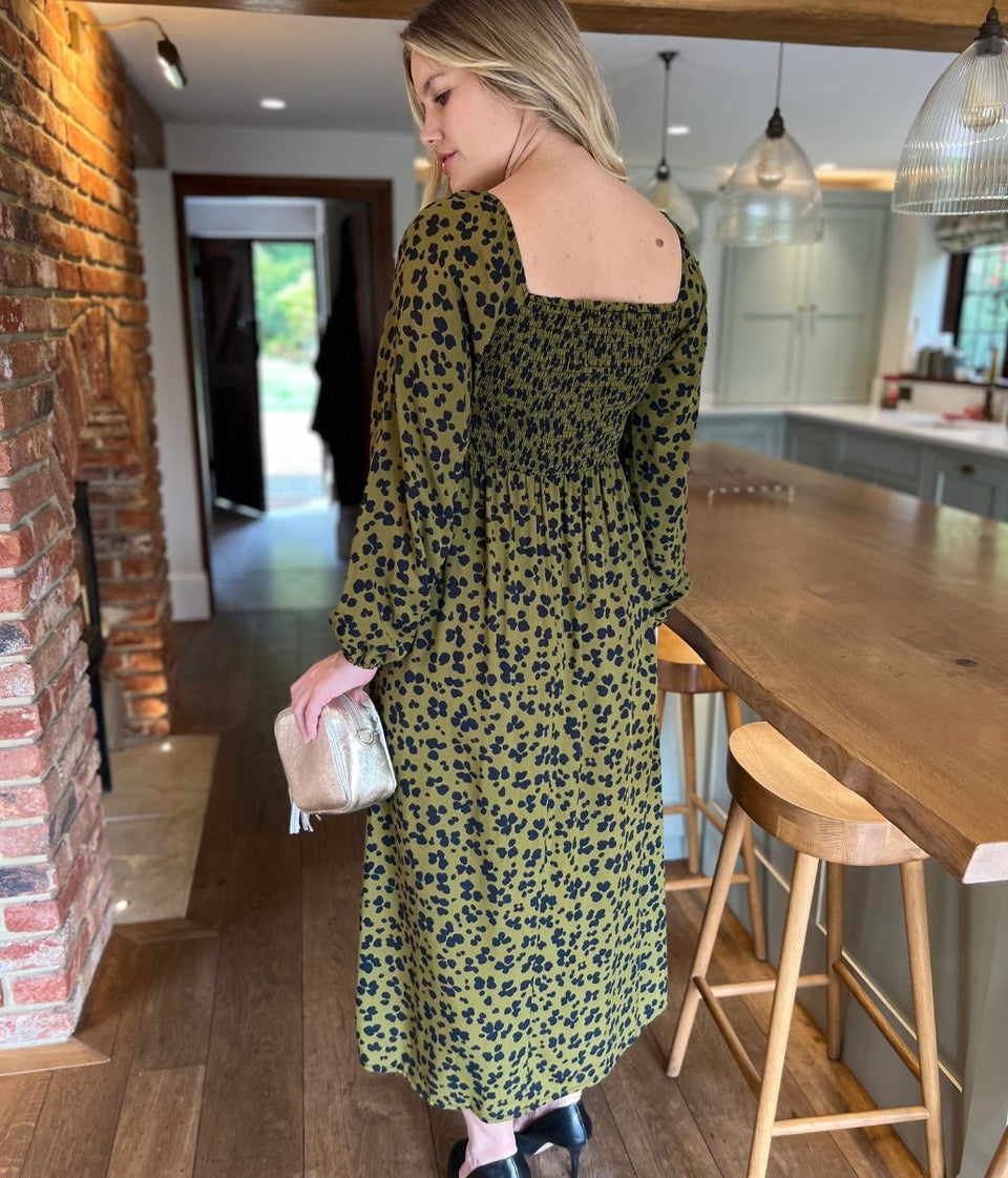 Khaki Leopard Print Shirred Midi Dress