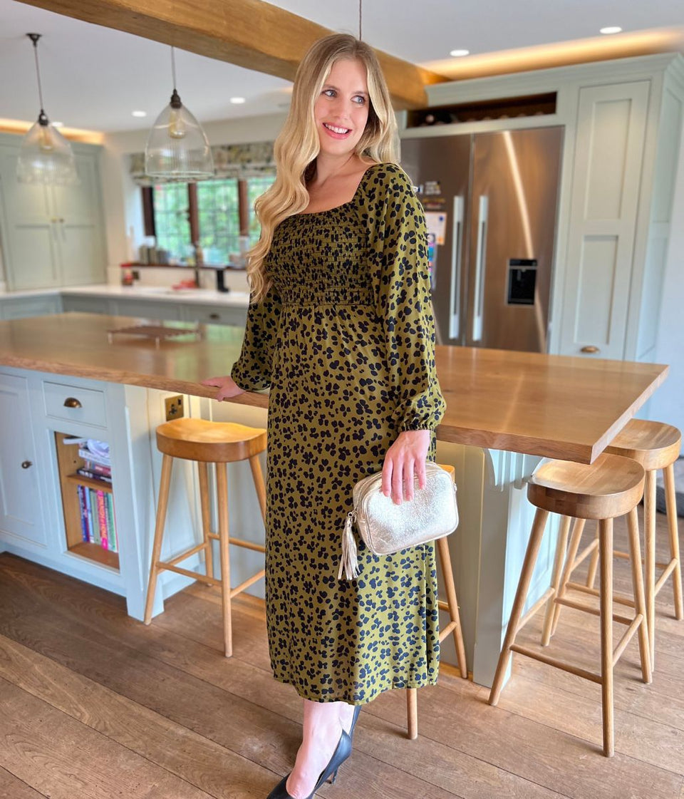 Khaki Leopard Print Shirred Midi Dress