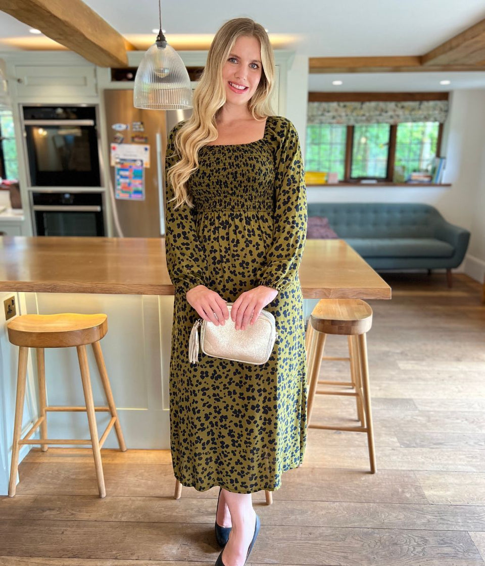 Khaki Leopard Print Shirred Midi Dress