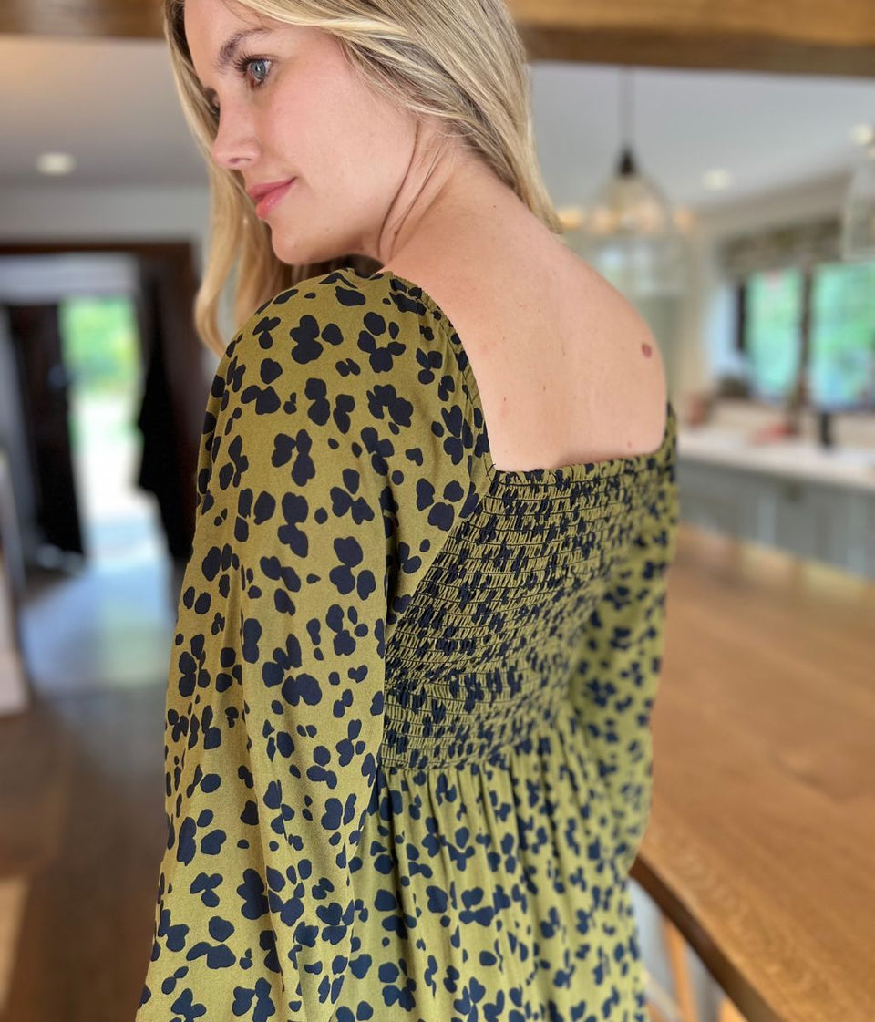 Khaki Leopard Print Shirred Midi Dress