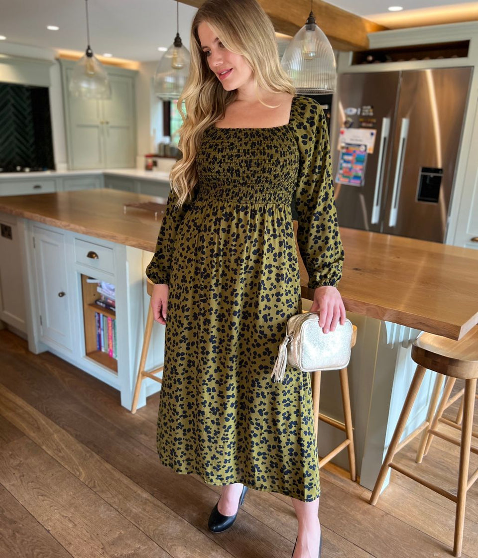 Khaki Leopard Print Shirred Midi Dress