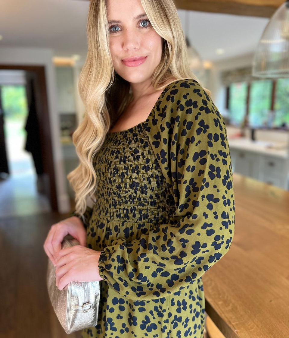Khaki Leopard Print Shirred Midi Dress