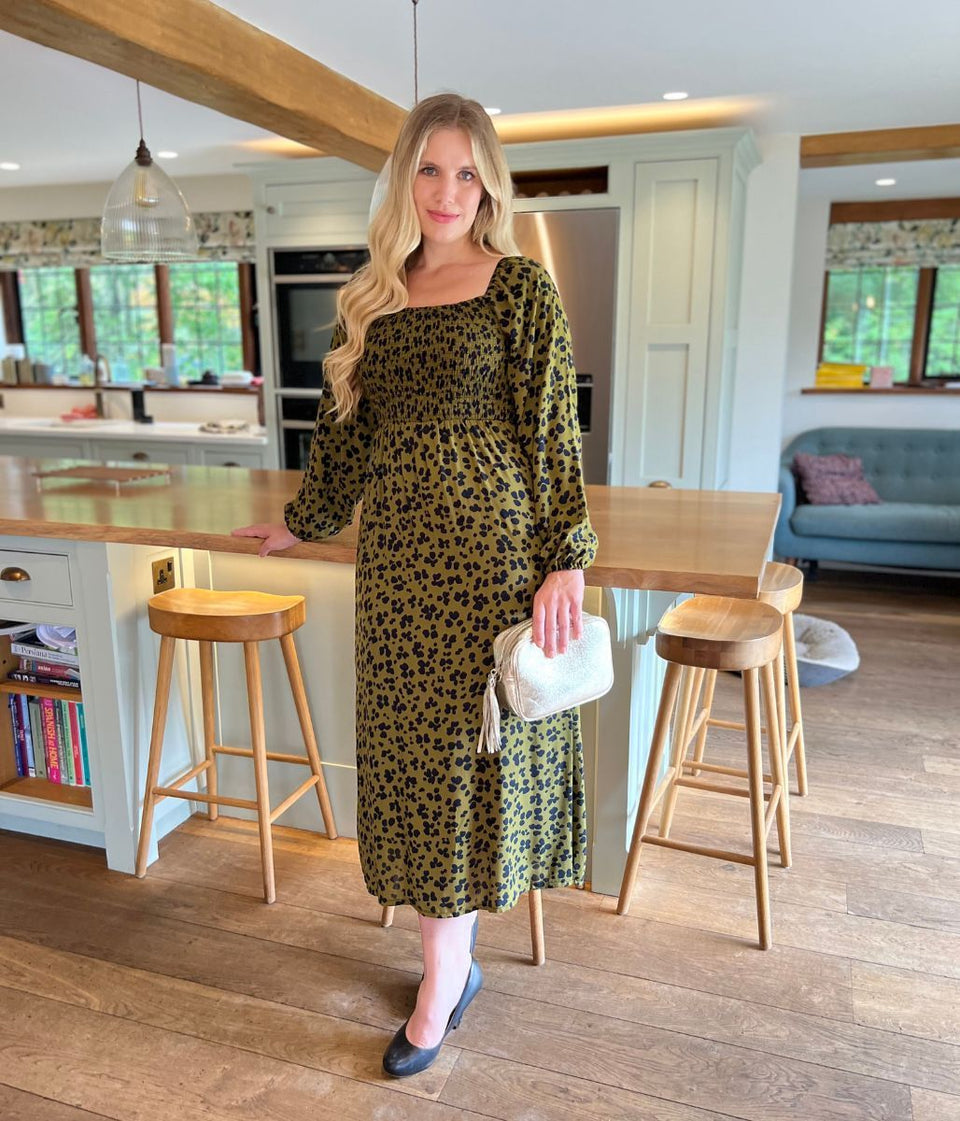 Khaki Leopard Print Shirred Midi Dress