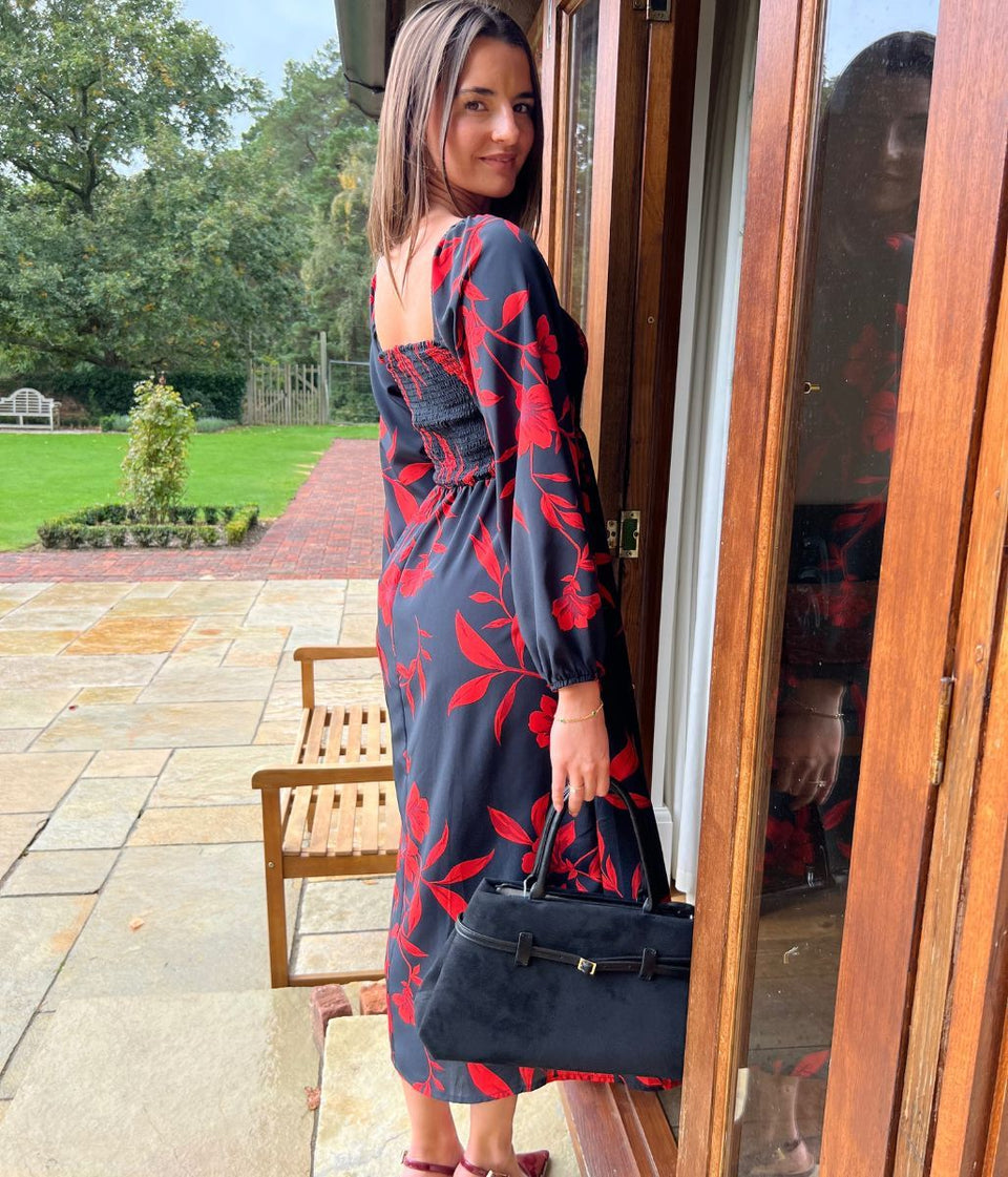 Red & Black Print Shirred Midi Dress