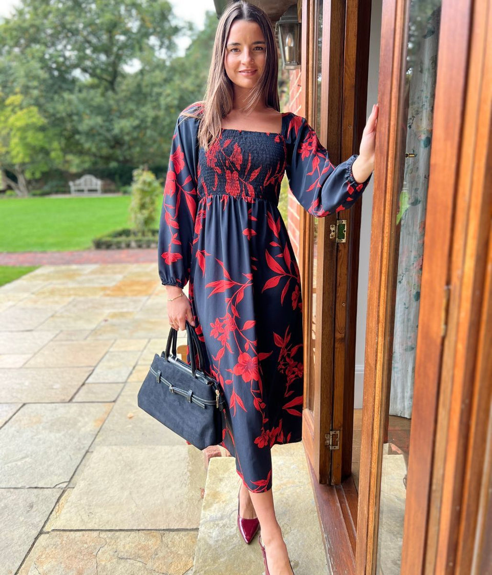 Red & Black Print Shirred Midi Dress