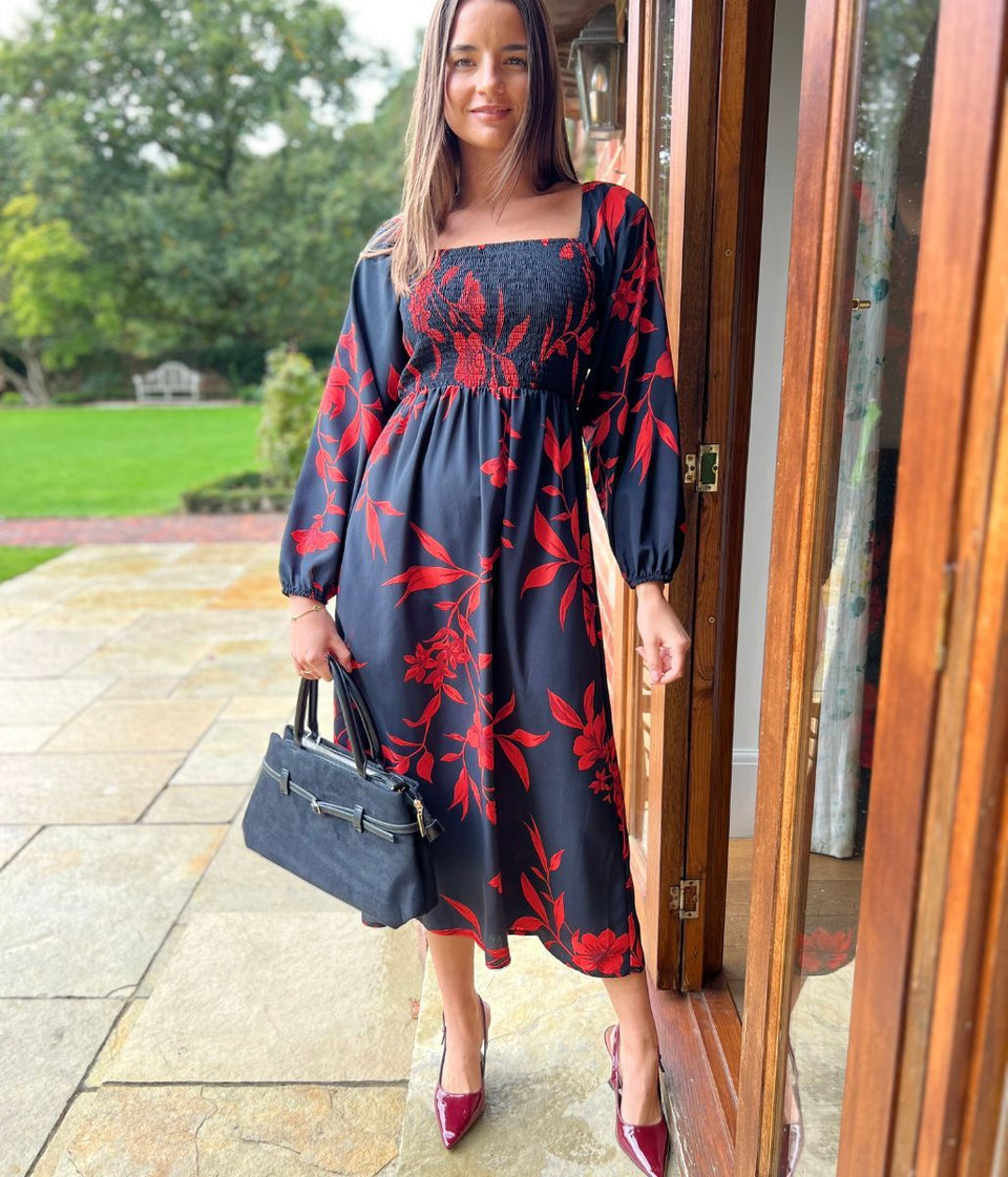 Red & Black Print Shirred Midi Dress