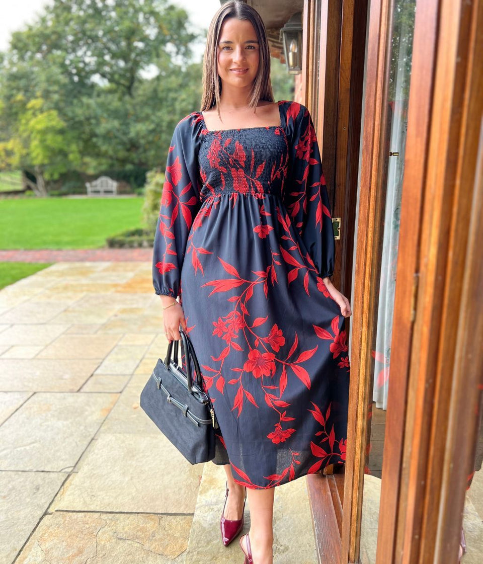 Red & Black Print Shirred Midi Dress
