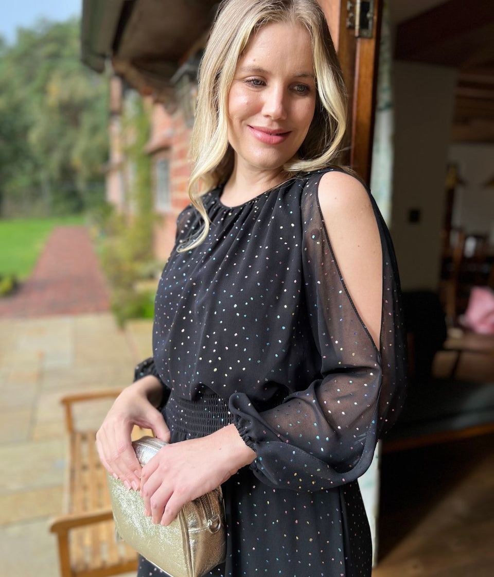 Black Sparkle Chiffon Split Sleeve Midi Dress