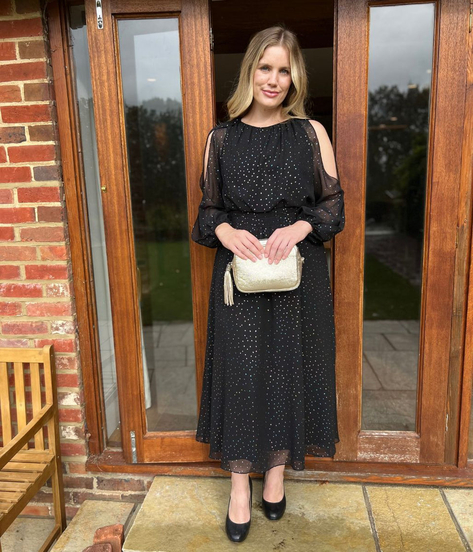 Black Sparkle Chiffon Split Sleeve Midi Dress