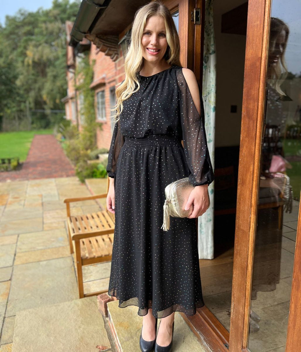 Black Sparkle Chiffon Split Sleeve Midi Dress
