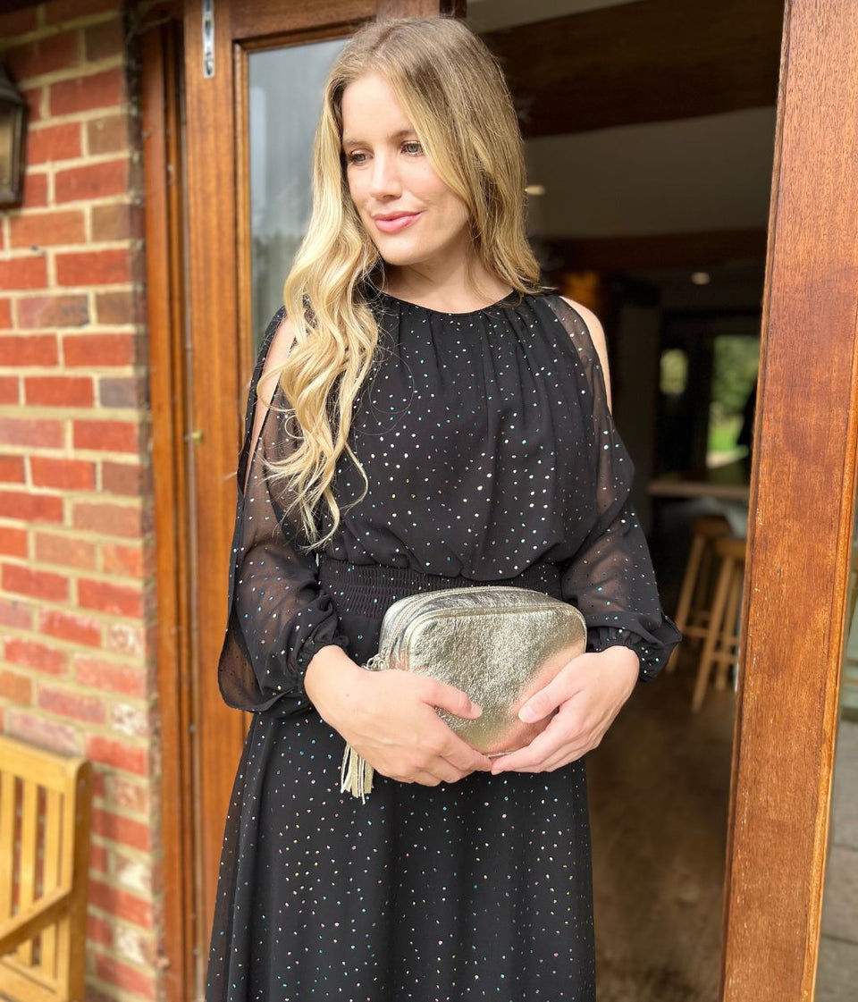 Black Sparkle Chiffon Split Sleeve Midi Dress