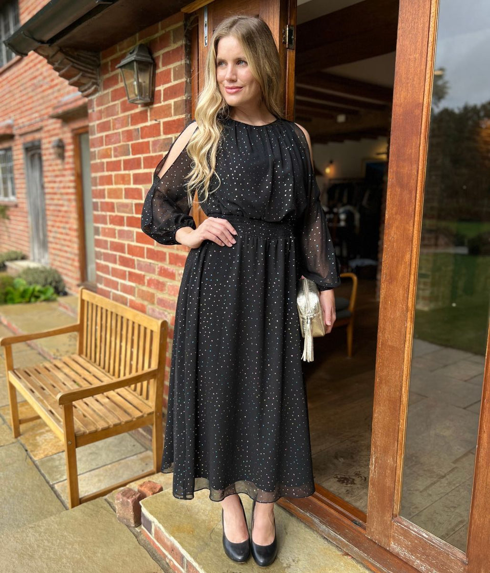 Black Sparkle Chiffon Split Sleeve Midi Dress