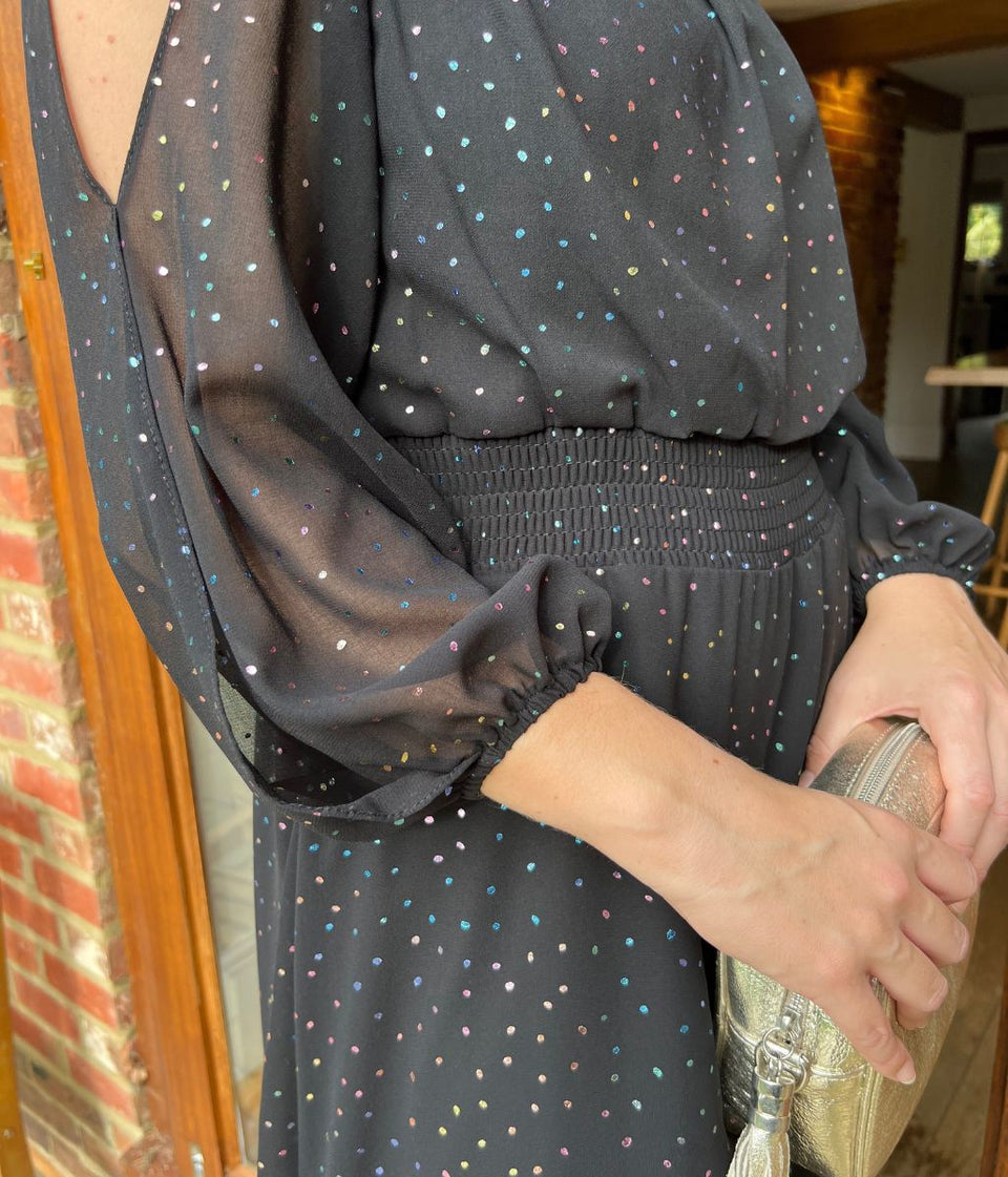 Black Sparkle Chiffon Split Sleeve Midi Dress