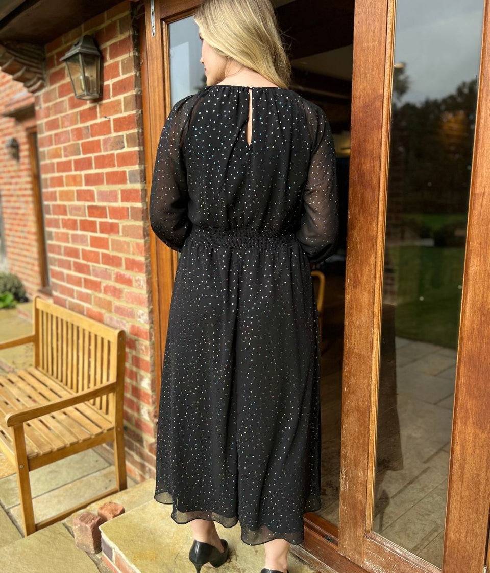 Black Sparkle Chiffon Split Sleeve Midi Dress