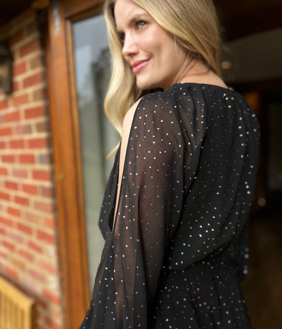 Black Sparkle Chiffon Split Sleeve Midi Dress