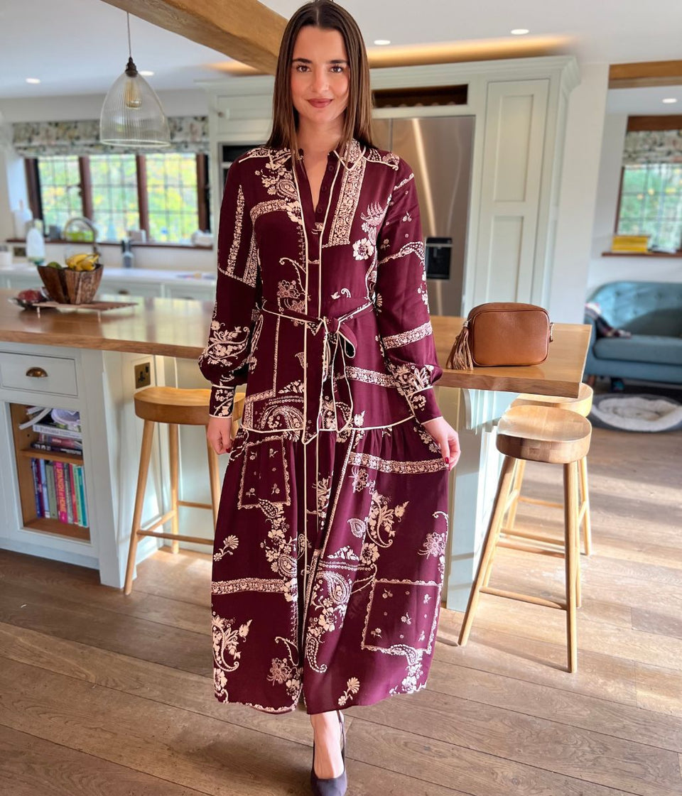 Burgundy Printed Brooklyn Midi Shirt Dress