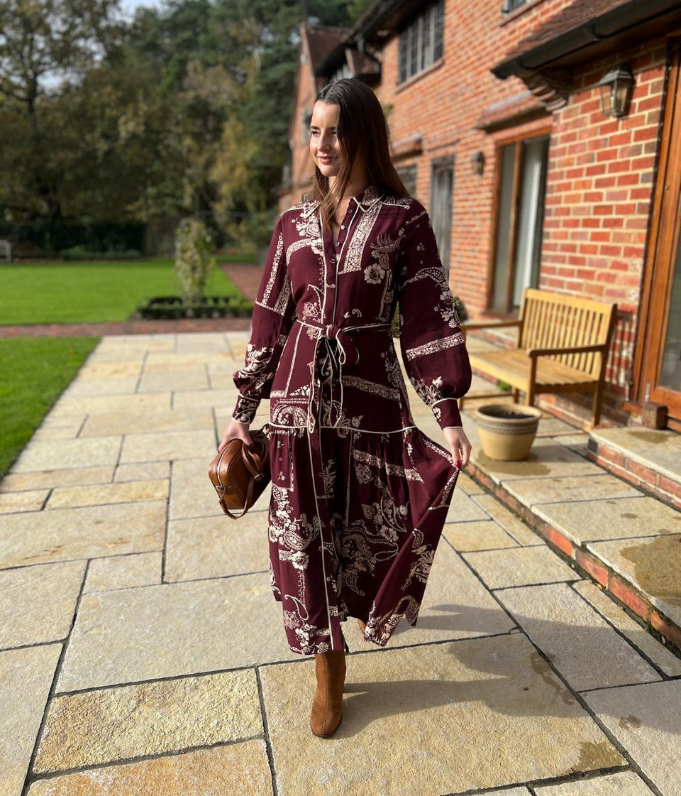 Burgundy Printed Brooklyn Midi Shirt Dress