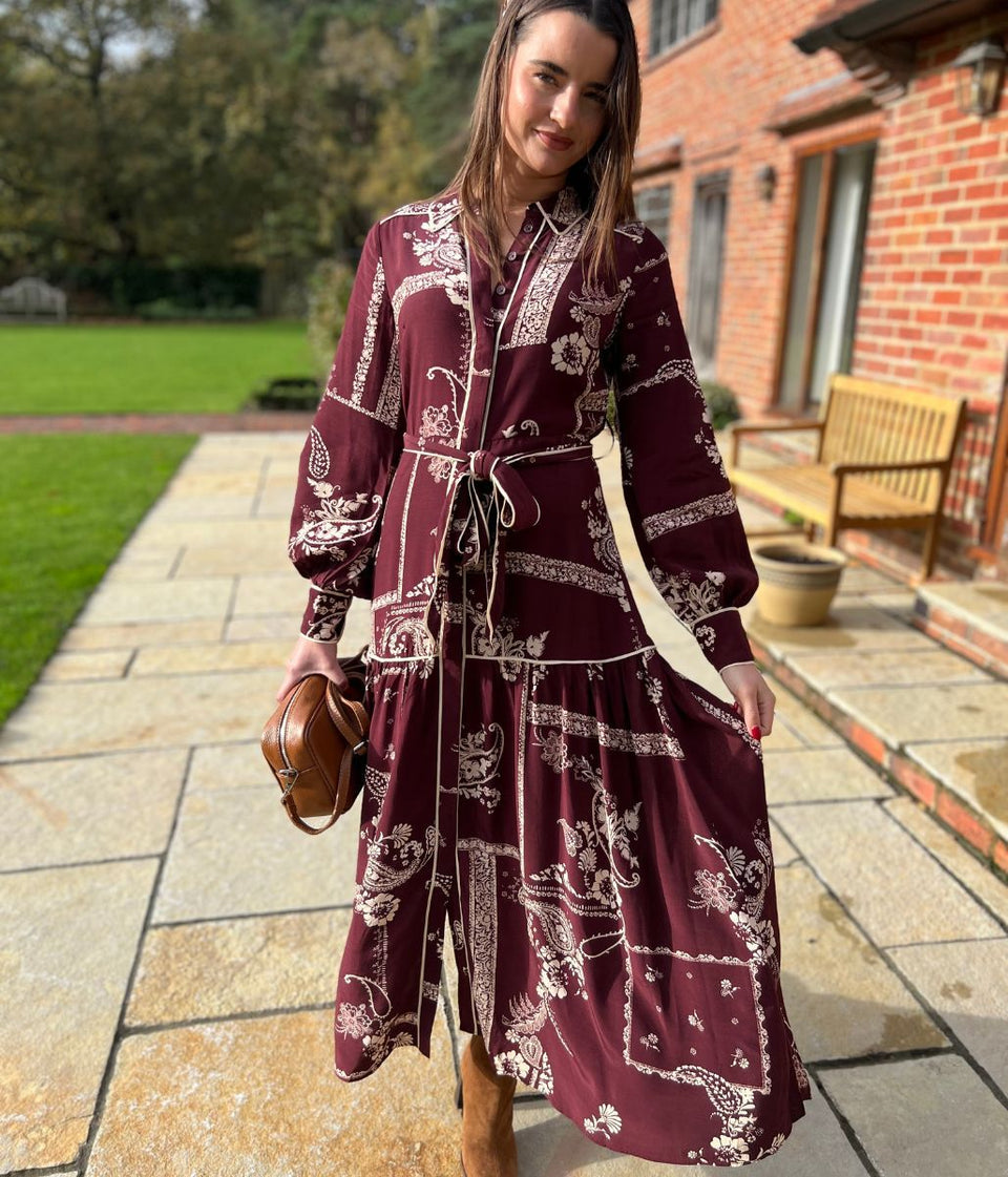 Burgundy Printed Brooklyn Midi Shirt Dress