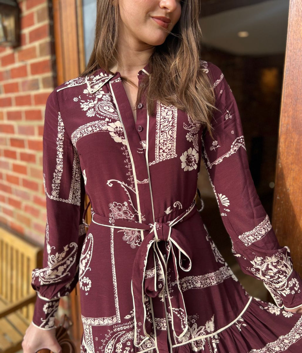 Burgundy Printed Brooklyn Midi Shirt Dress