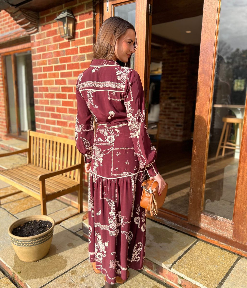 Burgundy Printed Brooklyn Midi Shirt Dress
