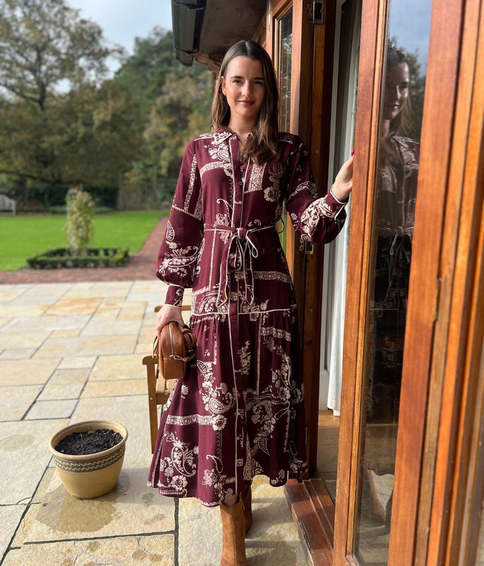 Burgundy Printed Brooklyn Midi Shirt Dress