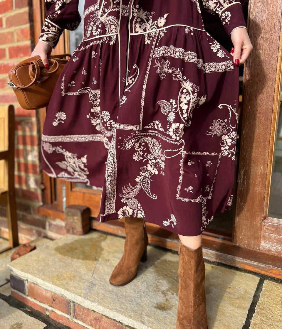 Burgundy Printed Brooklyn Midi Shirt Dress