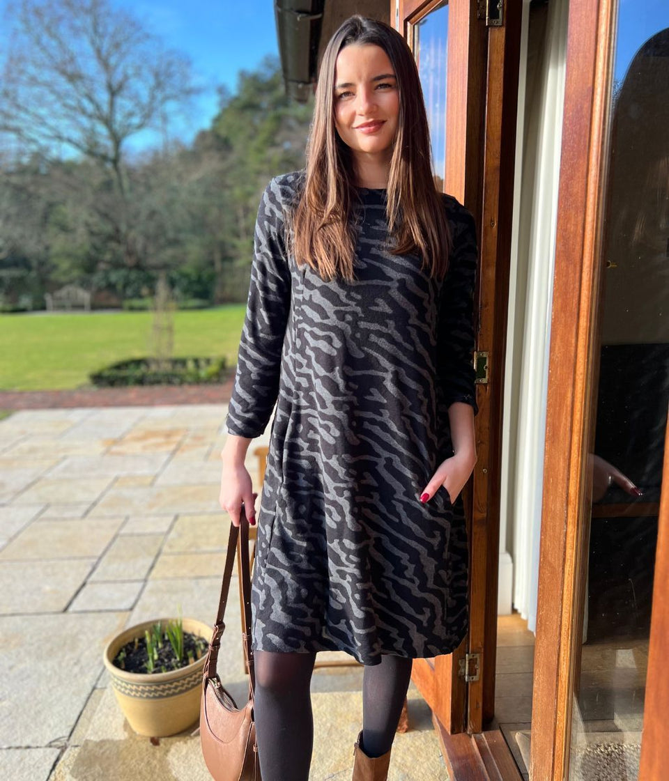 Black & Grey Animal Print Stretch Dress