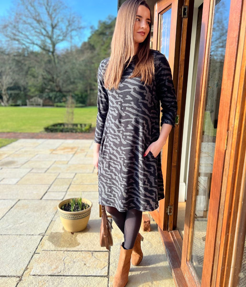 Black & Grey Animal Print Stretch Dress