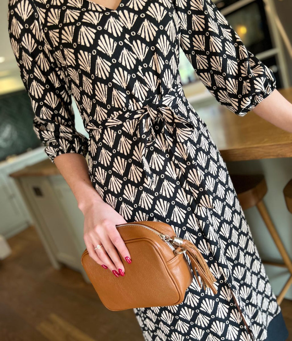 Black V Neck Printed Textured Midi Dress