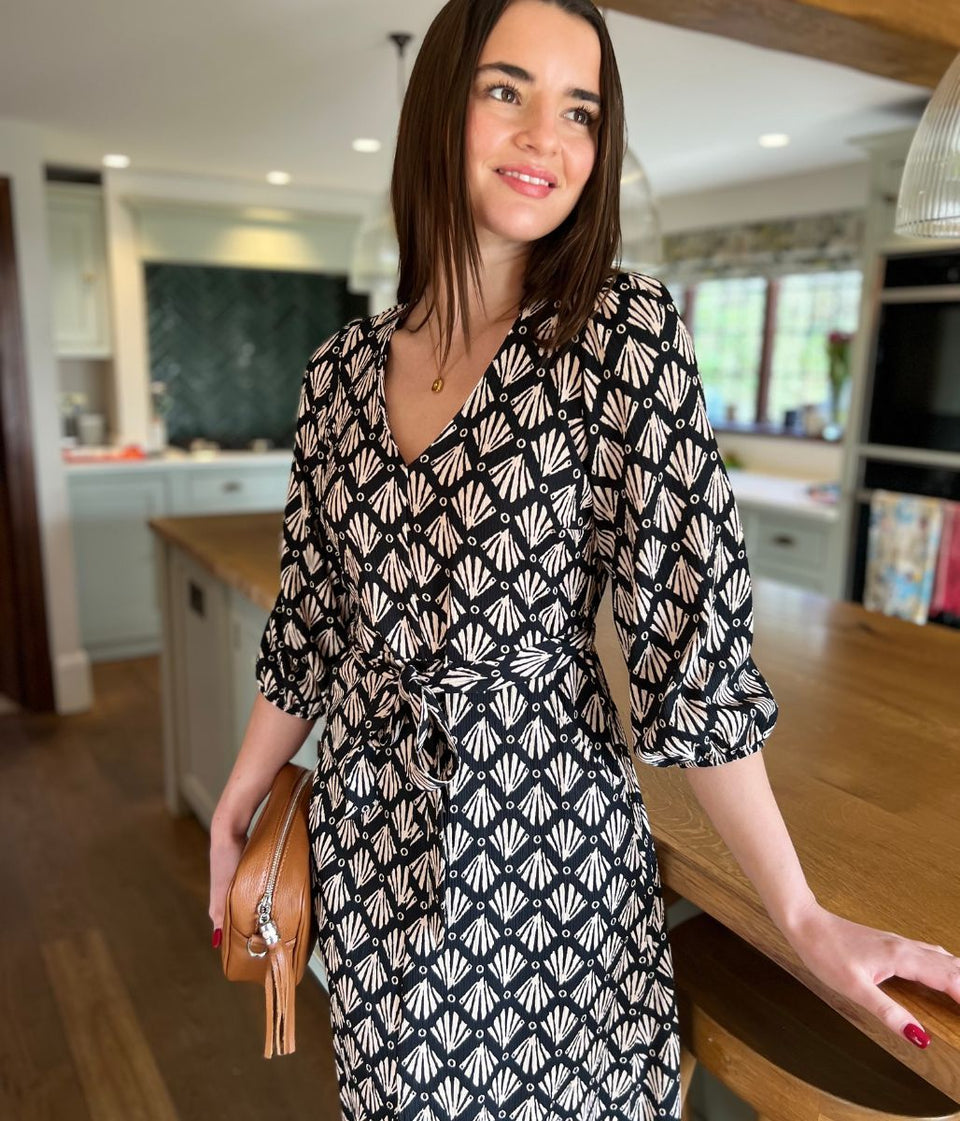 Black V Neck Printed Textured Midi Dress