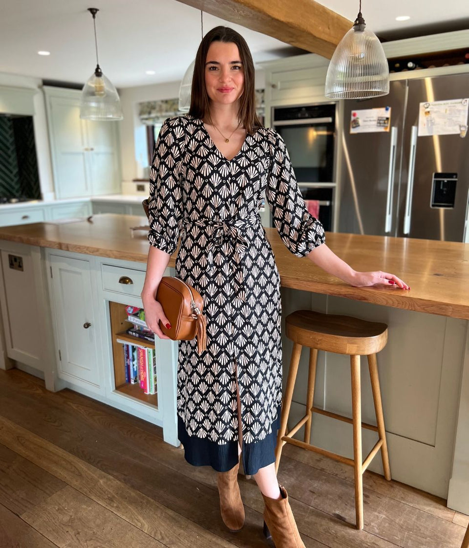 Black V Neck Printed Textured Midi Dress