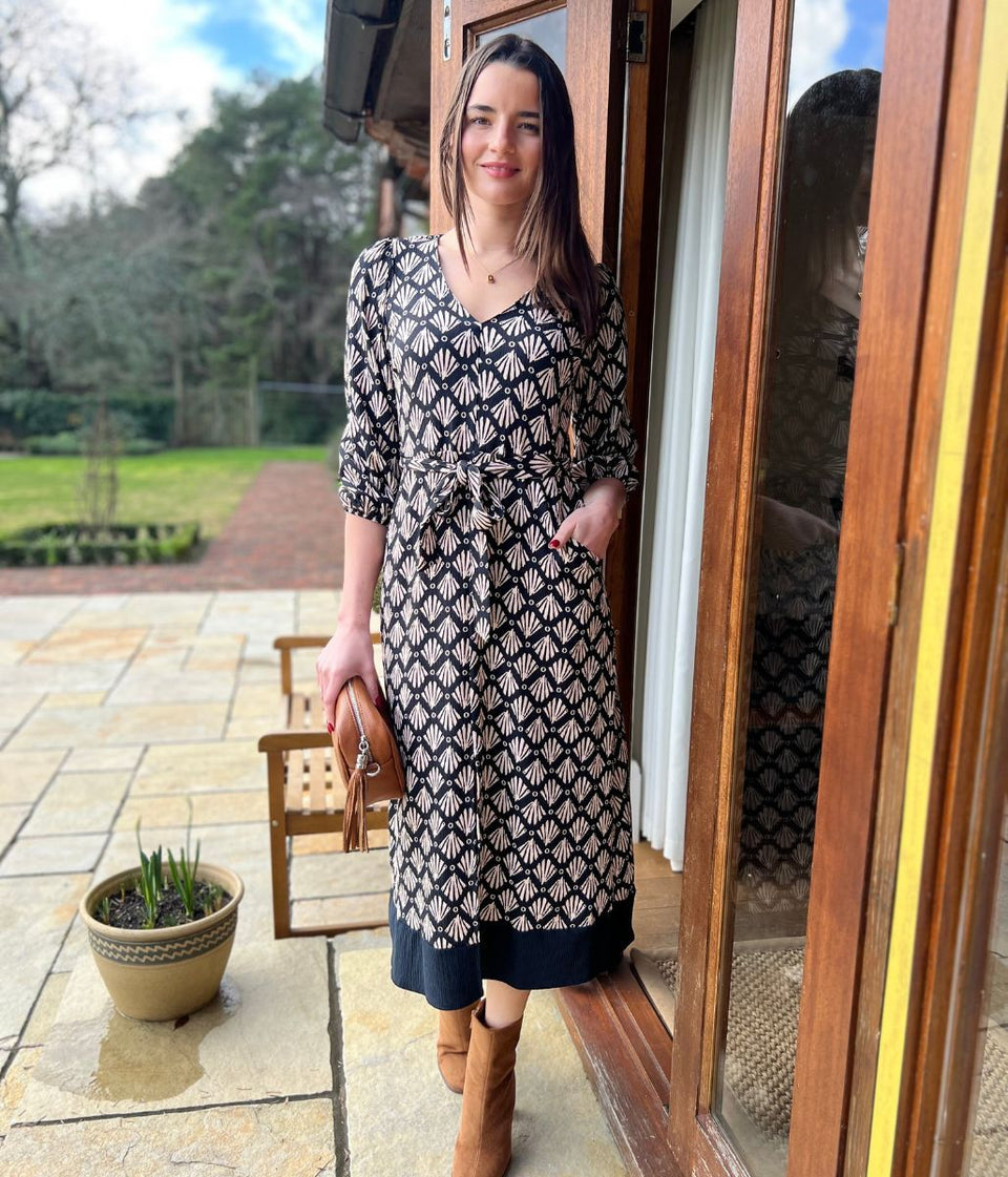 Black V Neck Printed Textured Midi Dress