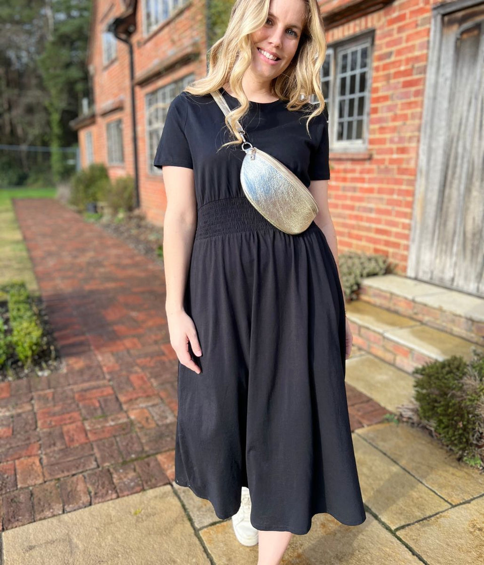 Black Cotton Shirred Waist Midi Dress