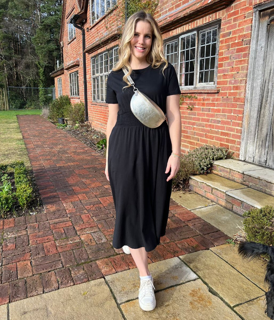 Black Cotton Shirred Waist Midi Dress