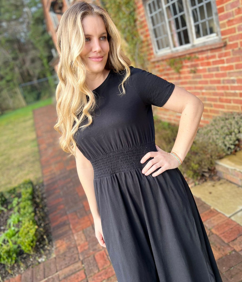Black Cotton Shirred Waist Midi Dress