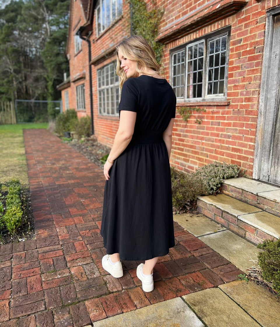 Black Cotton Shirred Waist Midi Dress