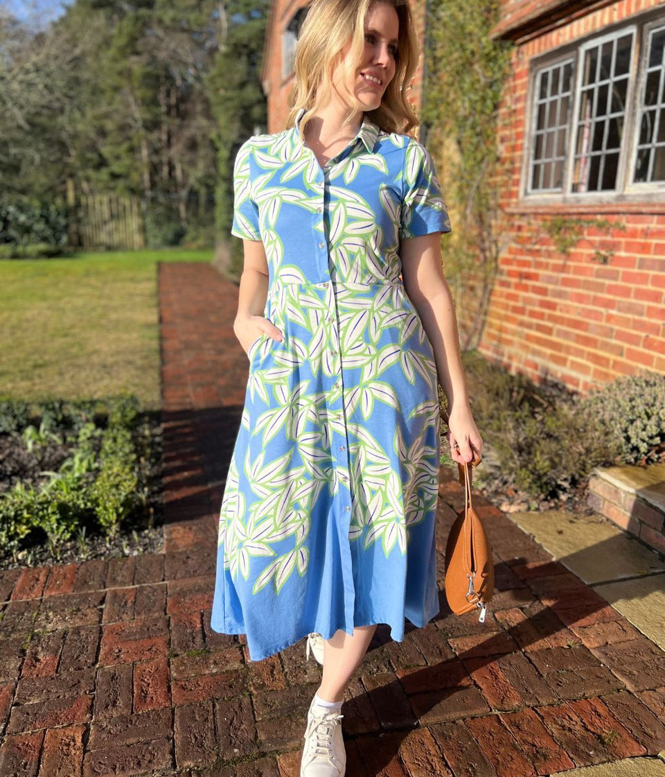 Blue Print Rua Jersey Midi Shirt Dress