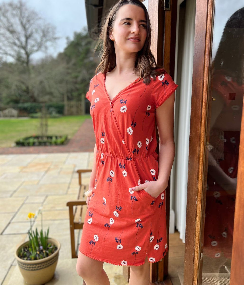 Floral Print Faux Wrap Cotton Dress