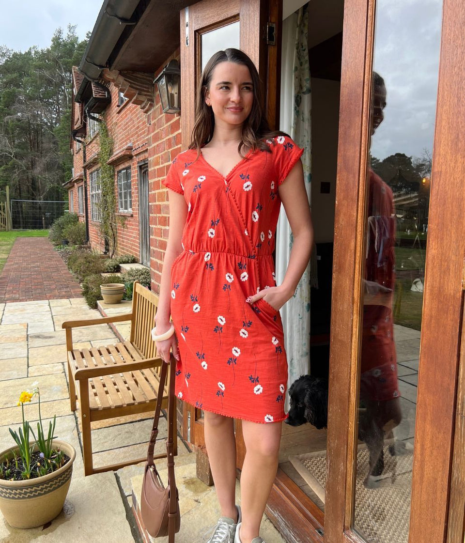 Floral Print Faux Wrap Cotton Dress