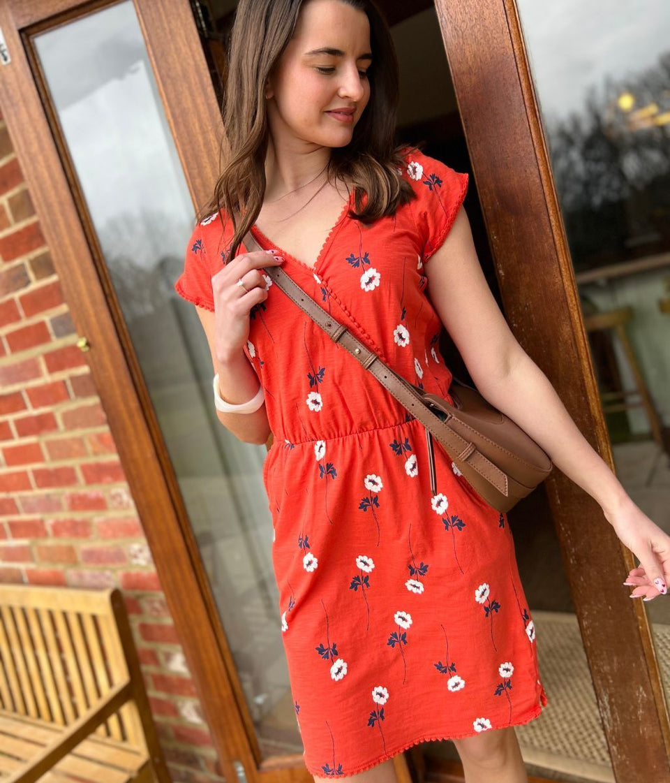 Floral Print Faux Wrap Cotton Dress