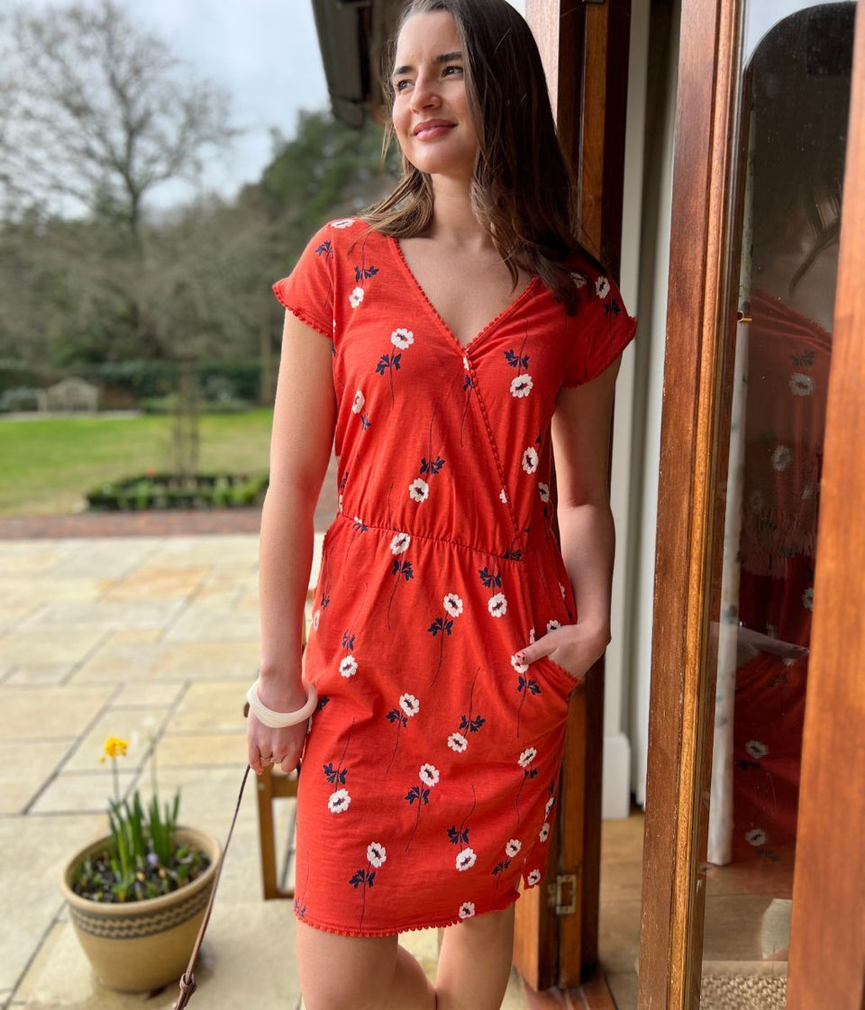 Floral Print Faux Wrap Cotton Dress