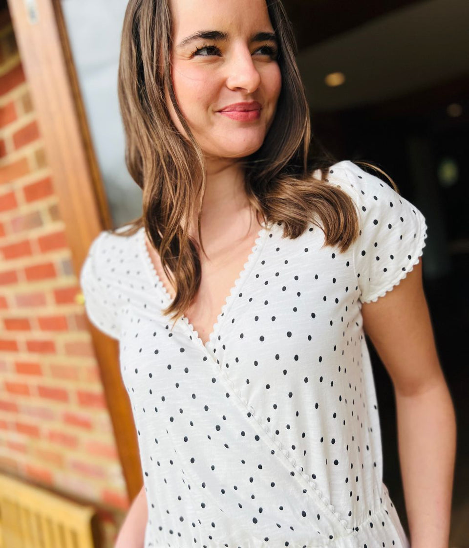 Polka Dot Faux Wrap Cotton Dress