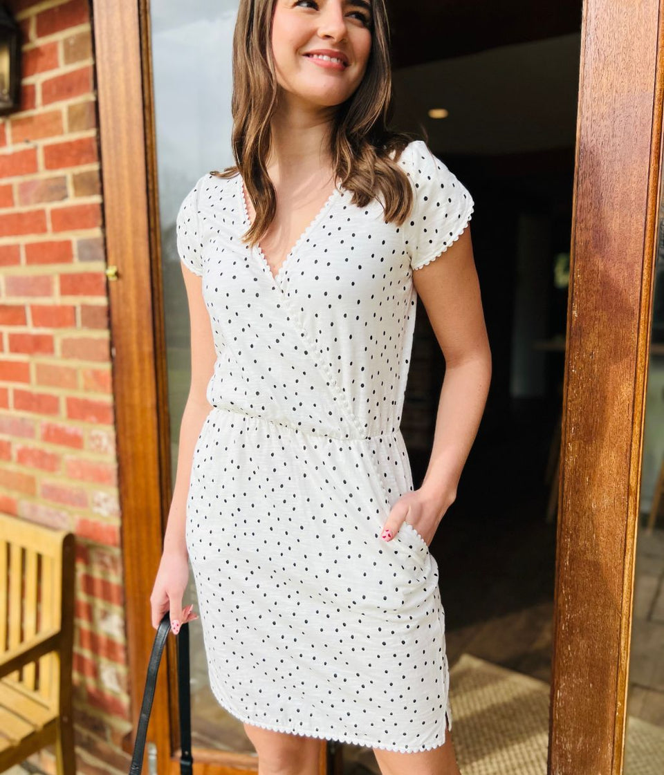 Polka Dot Faux Wrap Cotton Dress