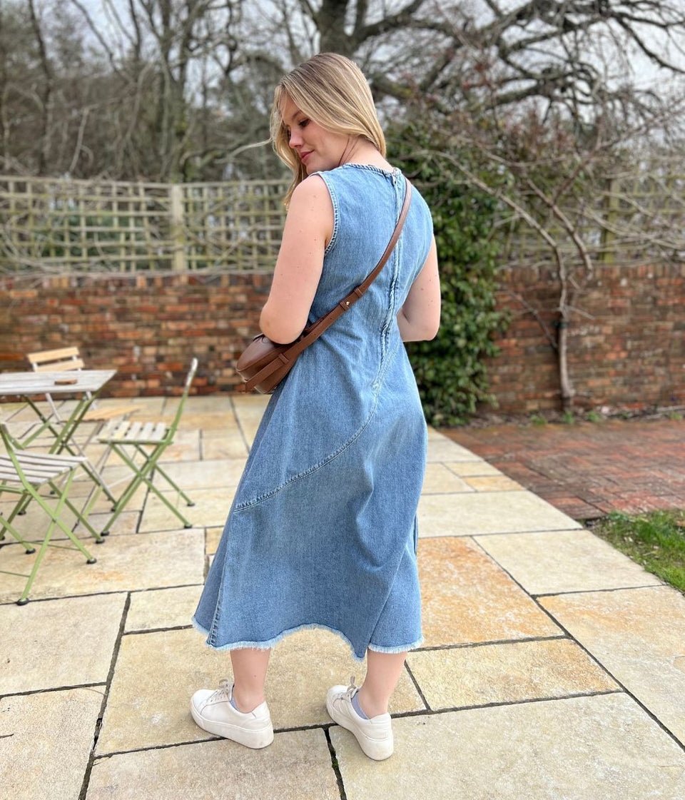 Light Blue Sleeveless Raw Hem Denim Dress