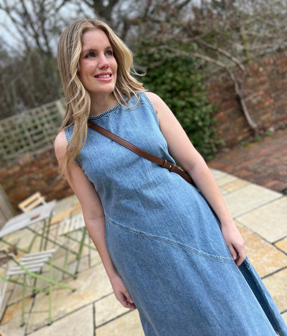 Light Blue Sleeveless Raw Hem Denim Dress