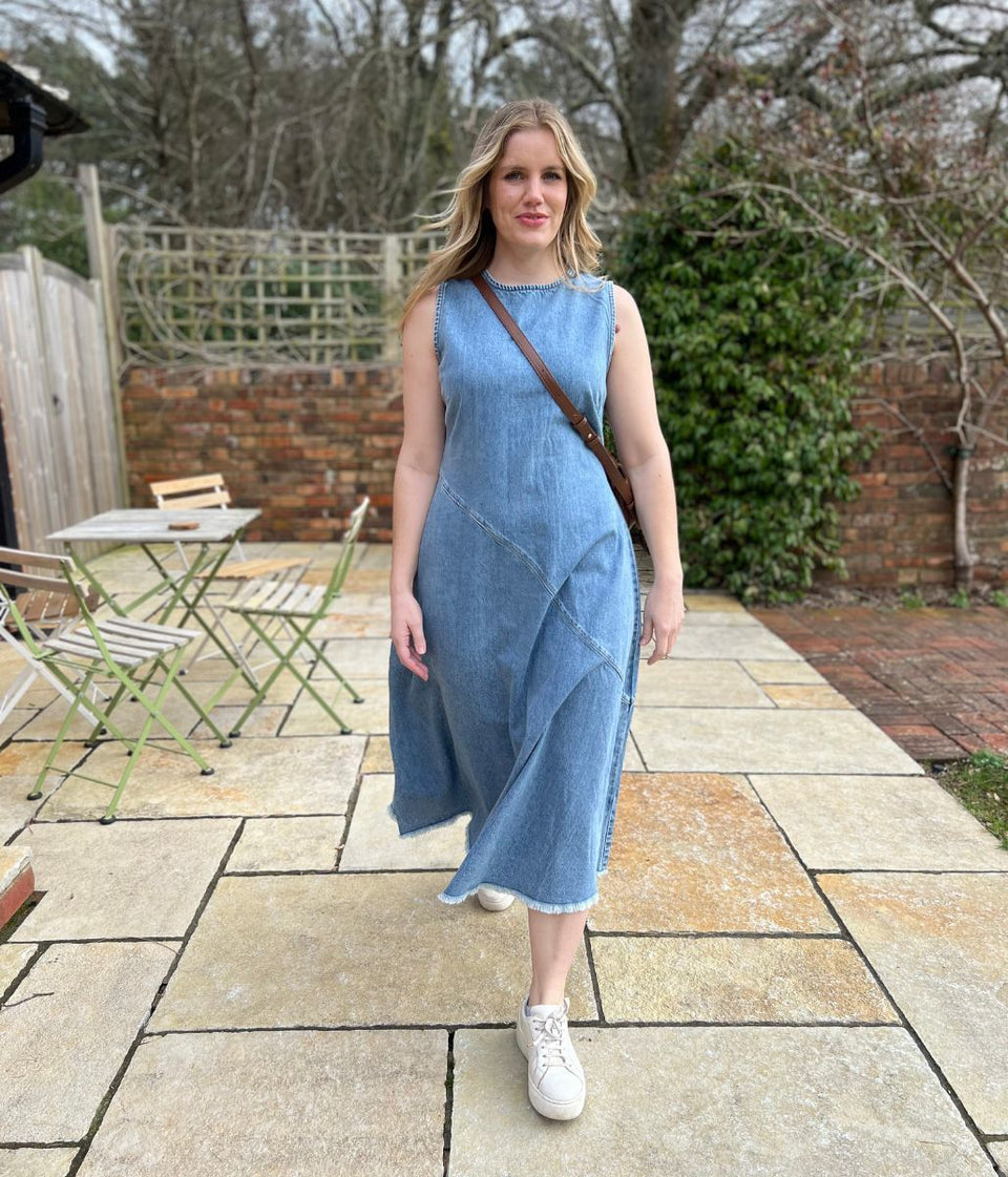 Light Blue Sleeveless Raw Hem Denim Dress