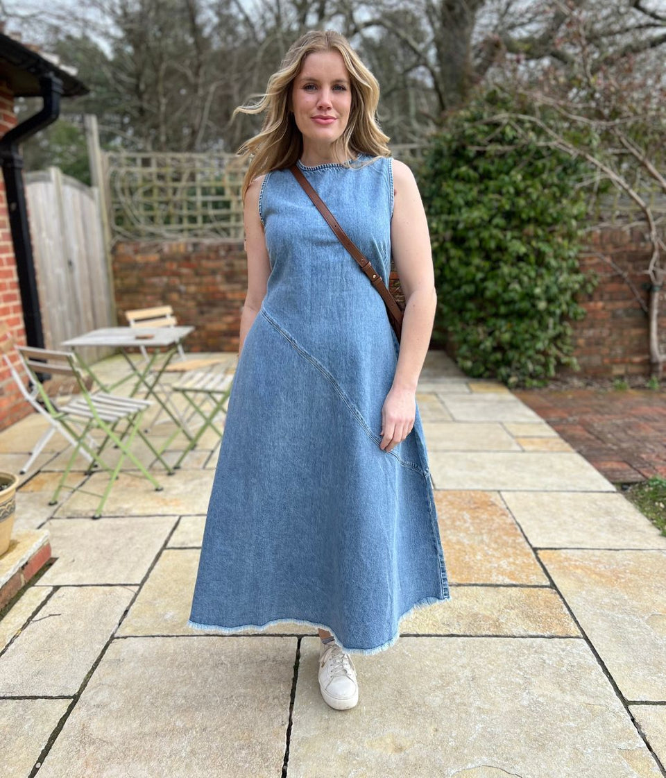 Light Blue Sleeveless Raw Hem Denim Dress