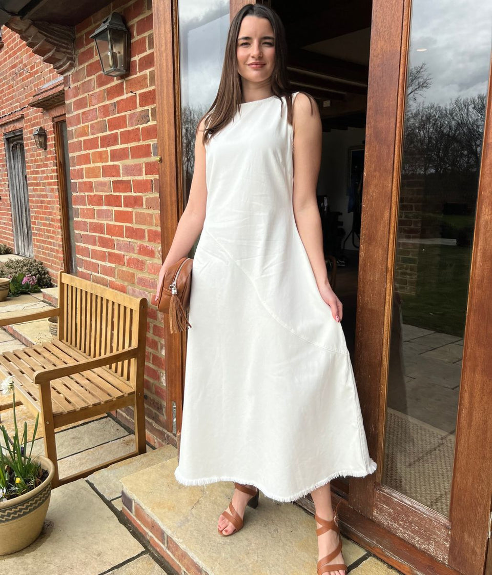 White Sleeveless Raw Hem Denim Dress
