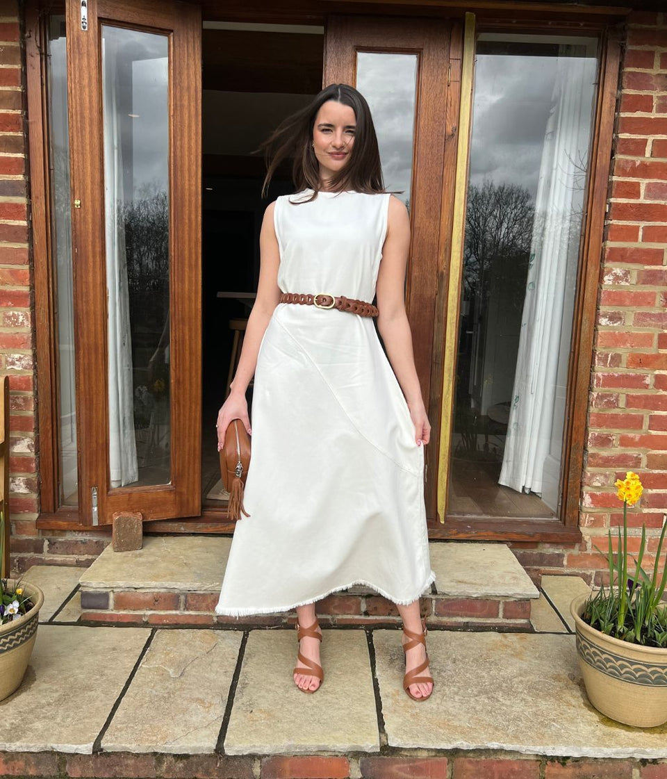 White Sleeveless Raw Hem Denim Dress