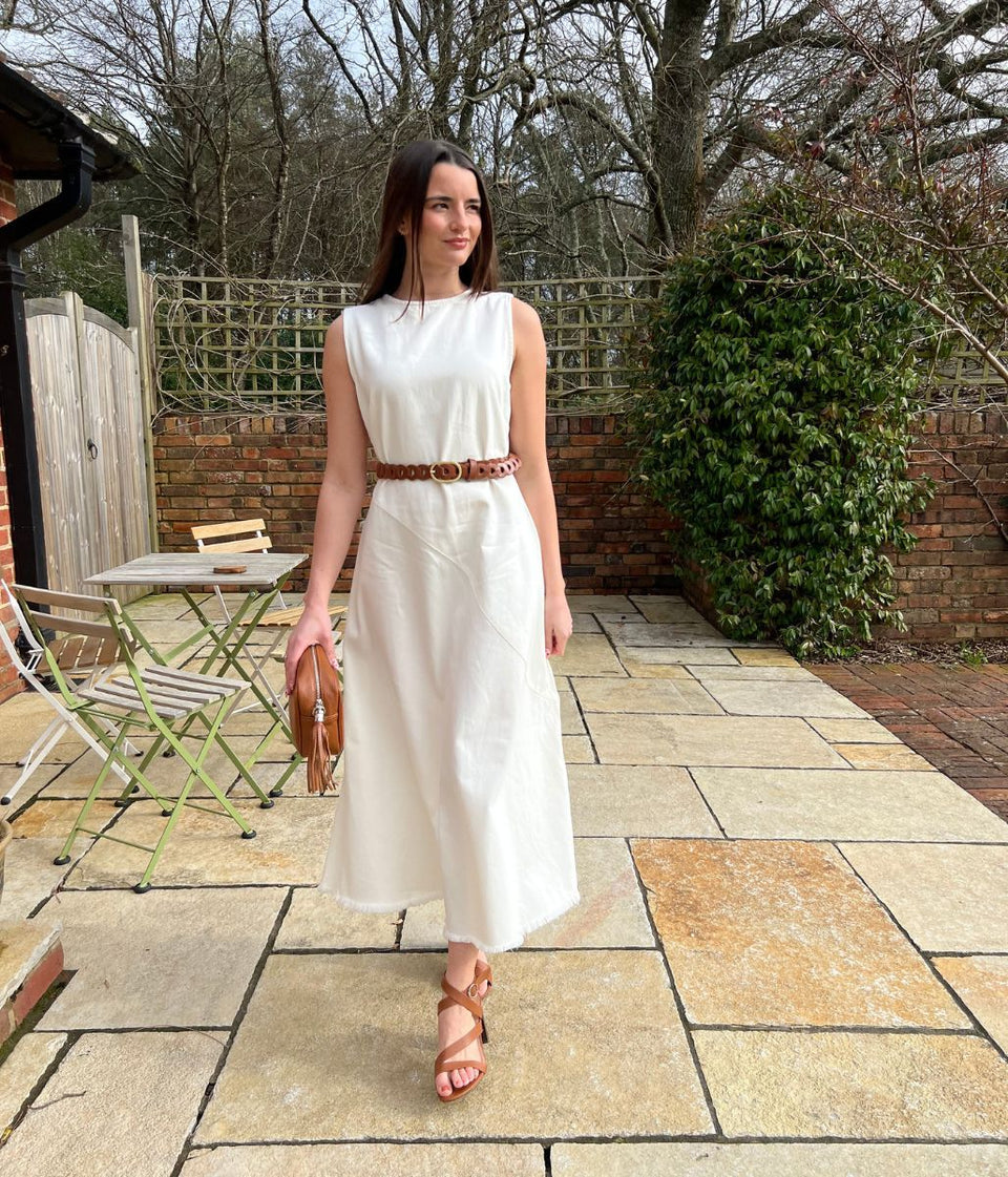 White Sleeveless Raw Hem Denim Dress